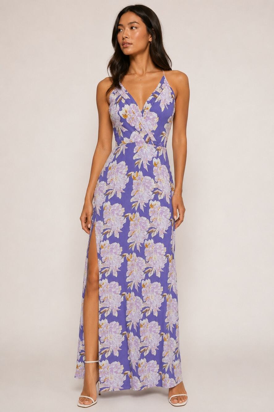 ASTR Floral Maxi Dress Womens M Lavender V Neck Wrap Front Summer Wedding Guest